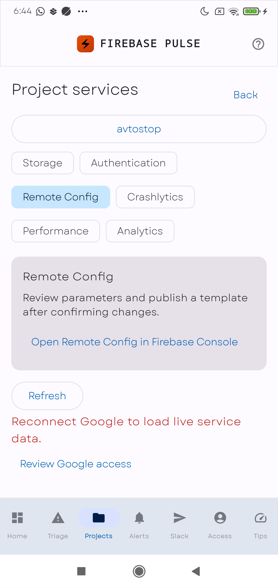 Firebase Pulse の6サービス選択画面と Remote Config パネル