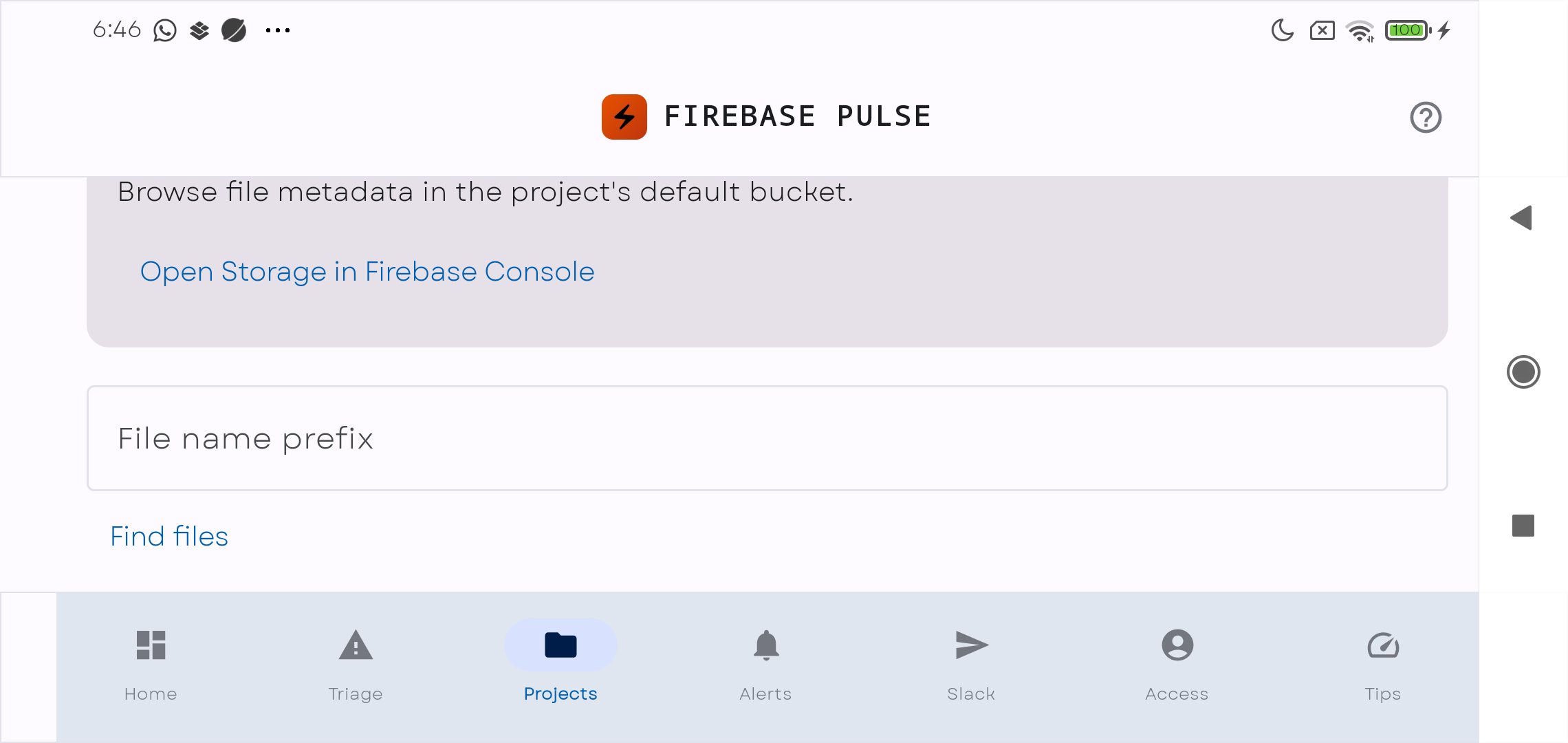 横向きの Android 実機でスクロールして表示した Firebase Pulse の Storage 詳細