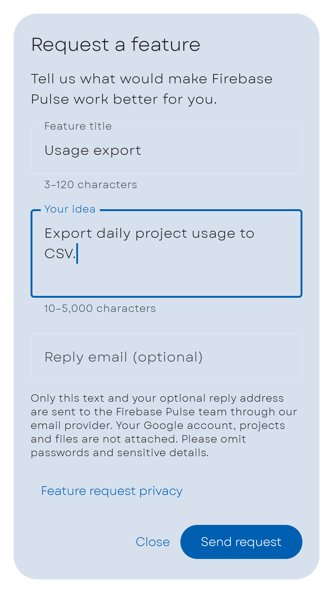 Firebase Pulse の機能リクエスト画面。サンプルの改善案と任意の返信先入力欄